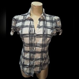 Express Black and White Fitted Button Down Shirt with Cuffed Sleeves